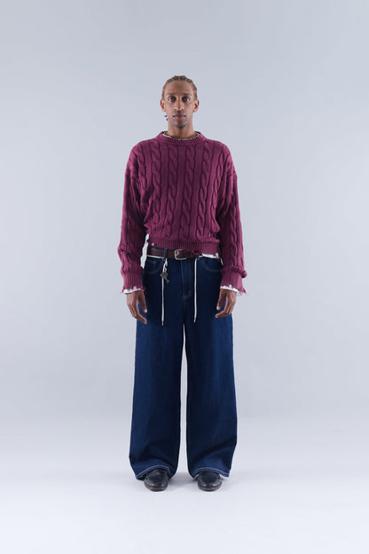 CABLE KNIT DISTRESSED SWEATER