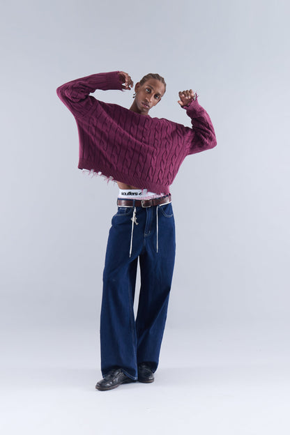CABLE KNIT DISTRESSED SWEATER