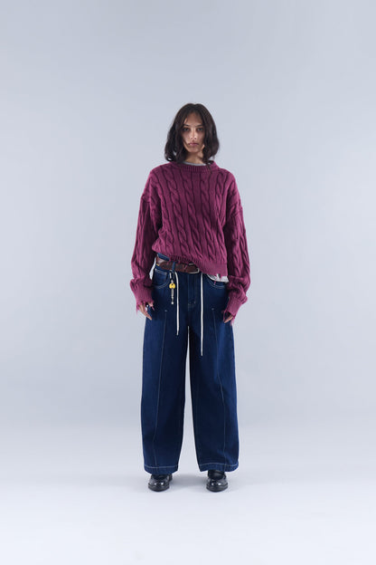 CABLE KNIT DISTRESSED SWEATER