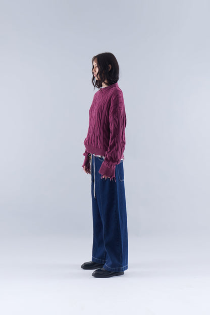 CABLE KNIT DISTRESSED SWEATER