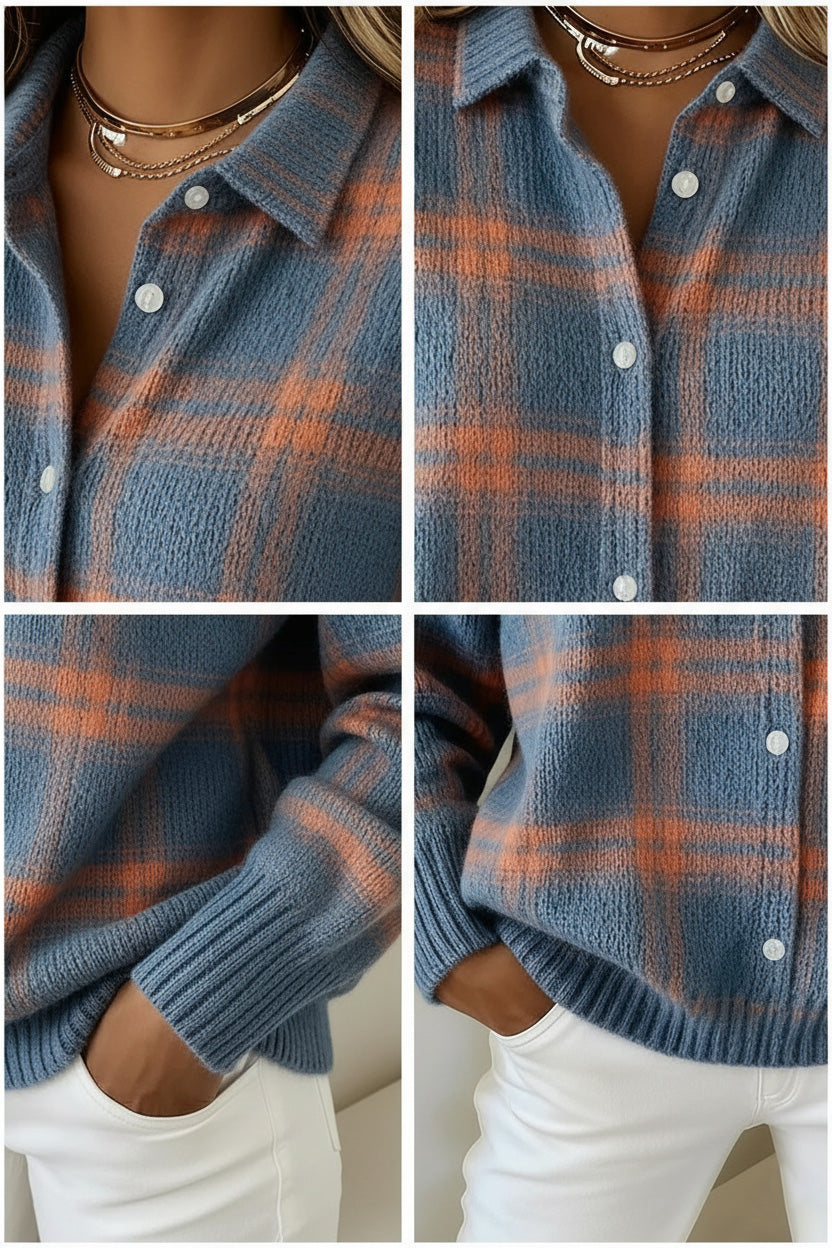 Women's plaid print casual cotton button-down cardigan sweater