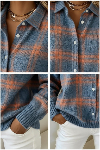 Women's plaid print casual cotton button-down cardigan sweater