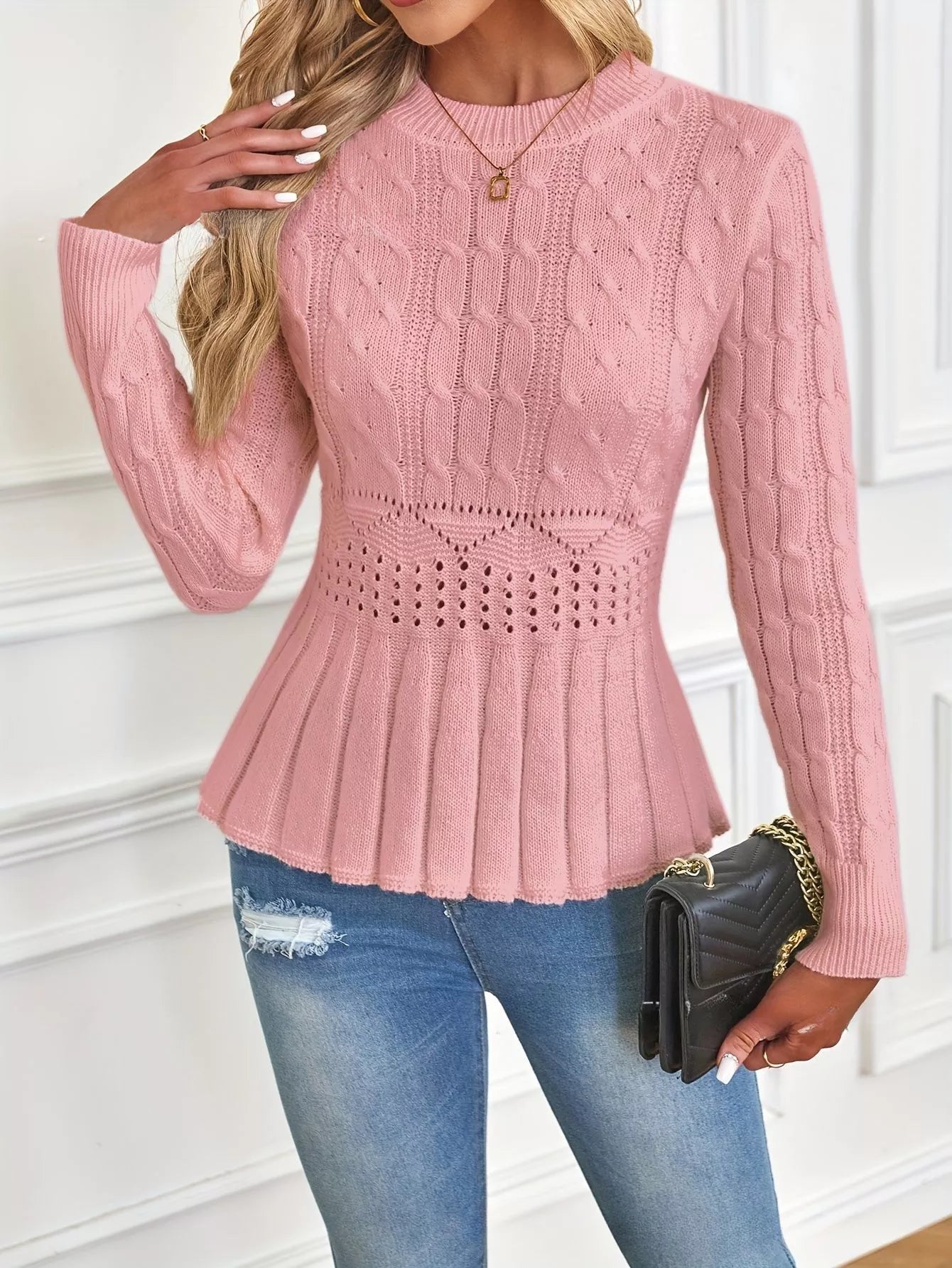🎅🔥Buy two and get free shipping⏳Women's round neck chunky knit sweater with ruffled hem