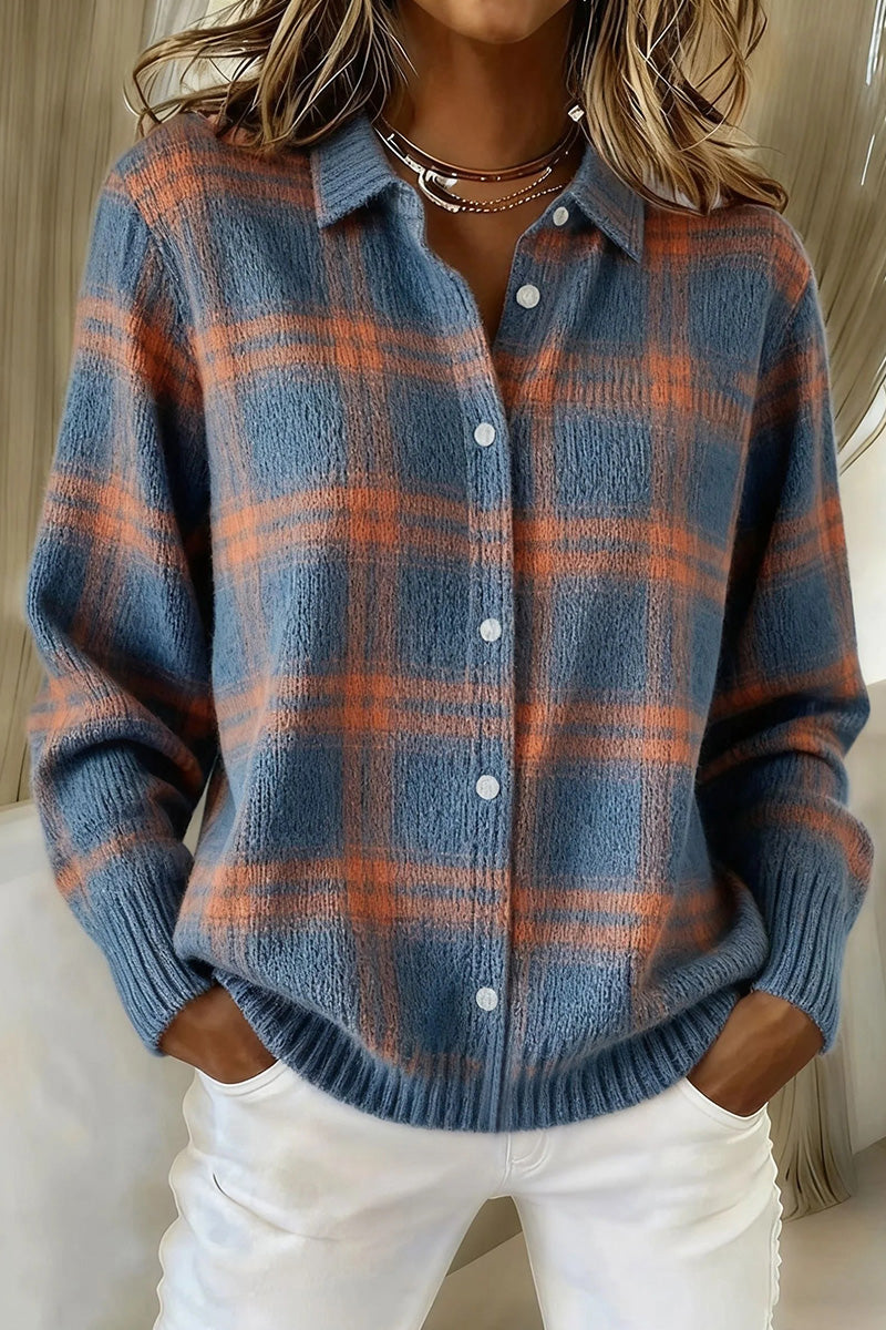 Women's plaid print casual cotton button-down cardigan sweater