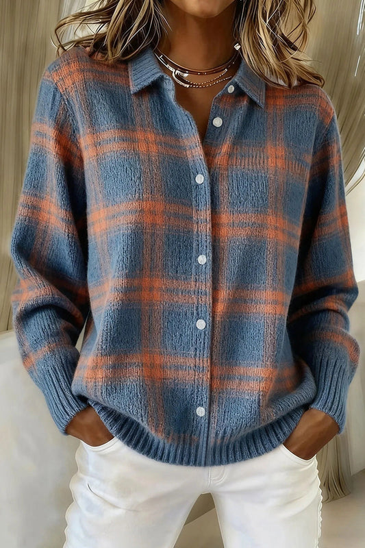 Women's plaid print casual cotton button-down cardigan sweater
